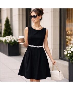 Cynthia Howie sz 8 Sleeveless Black dress fit flare snatched waist stripe ribbon